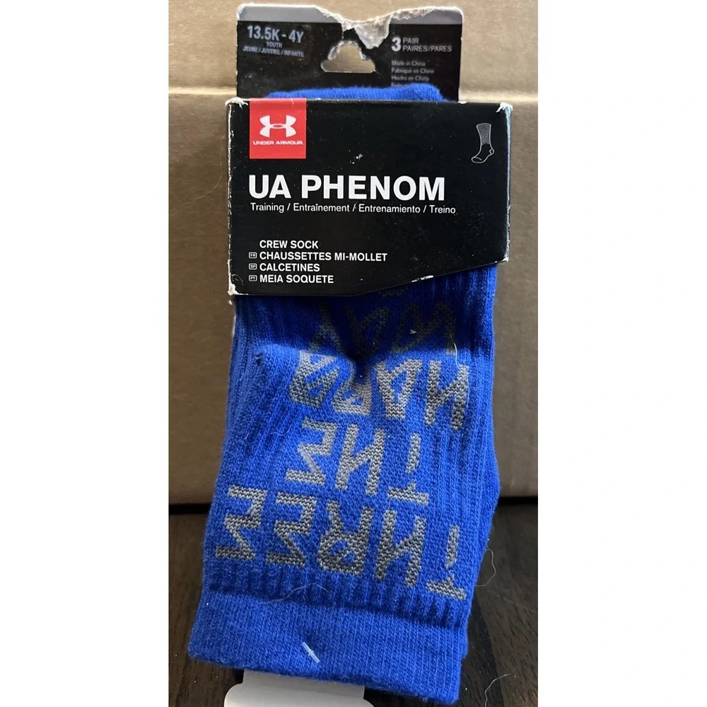 UNDER ARMOUR UA PHENOM Training Crew Socks 3 Pair Youth SZ 13.5K-4Y Royal Blue